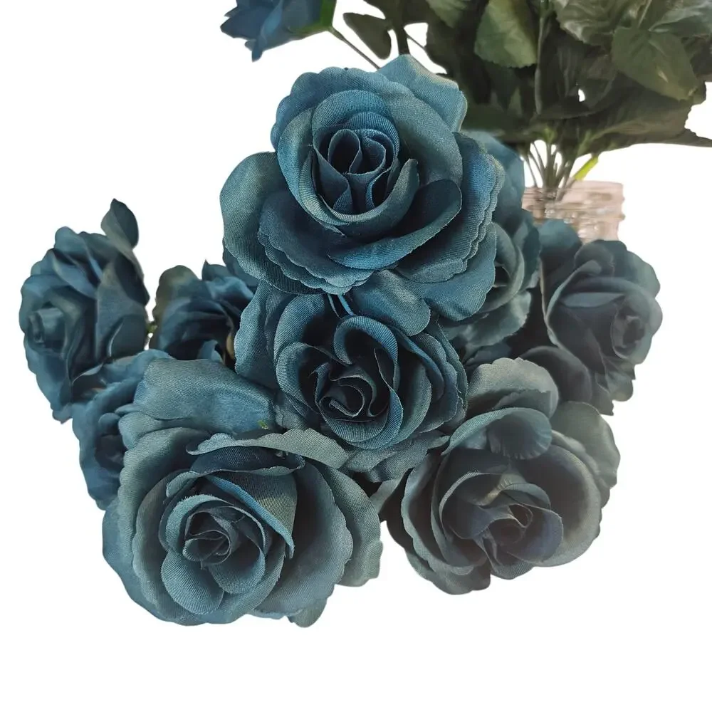 Silk Artificial Teal Rose Bush Lot of 2 Bushes, 4 in wide Blooms, 23 Roses total